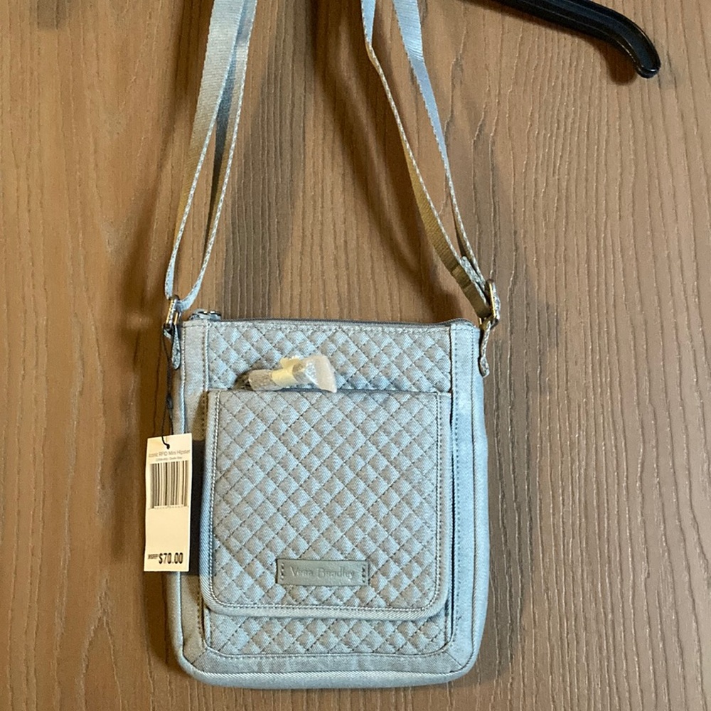 Vera Bradley Mini Hipster. Color is Denim gray.
